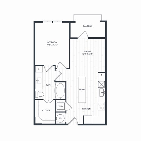 Floor plan for 1 bed, 1 bath, 638 sqft